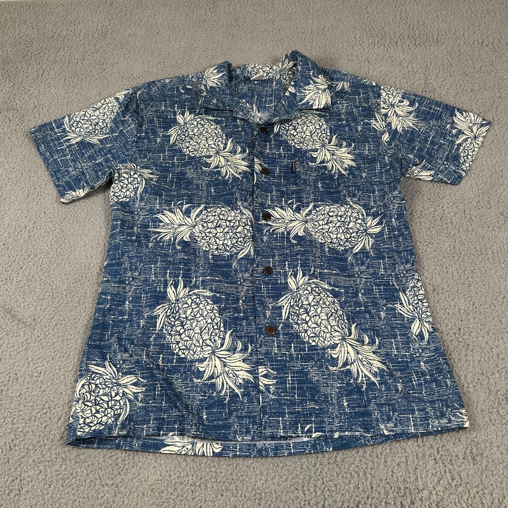Palmwave‎ Shirt Mens Large Blue Pineapple Hawaiian Button Up Cotton Casual Aloha
